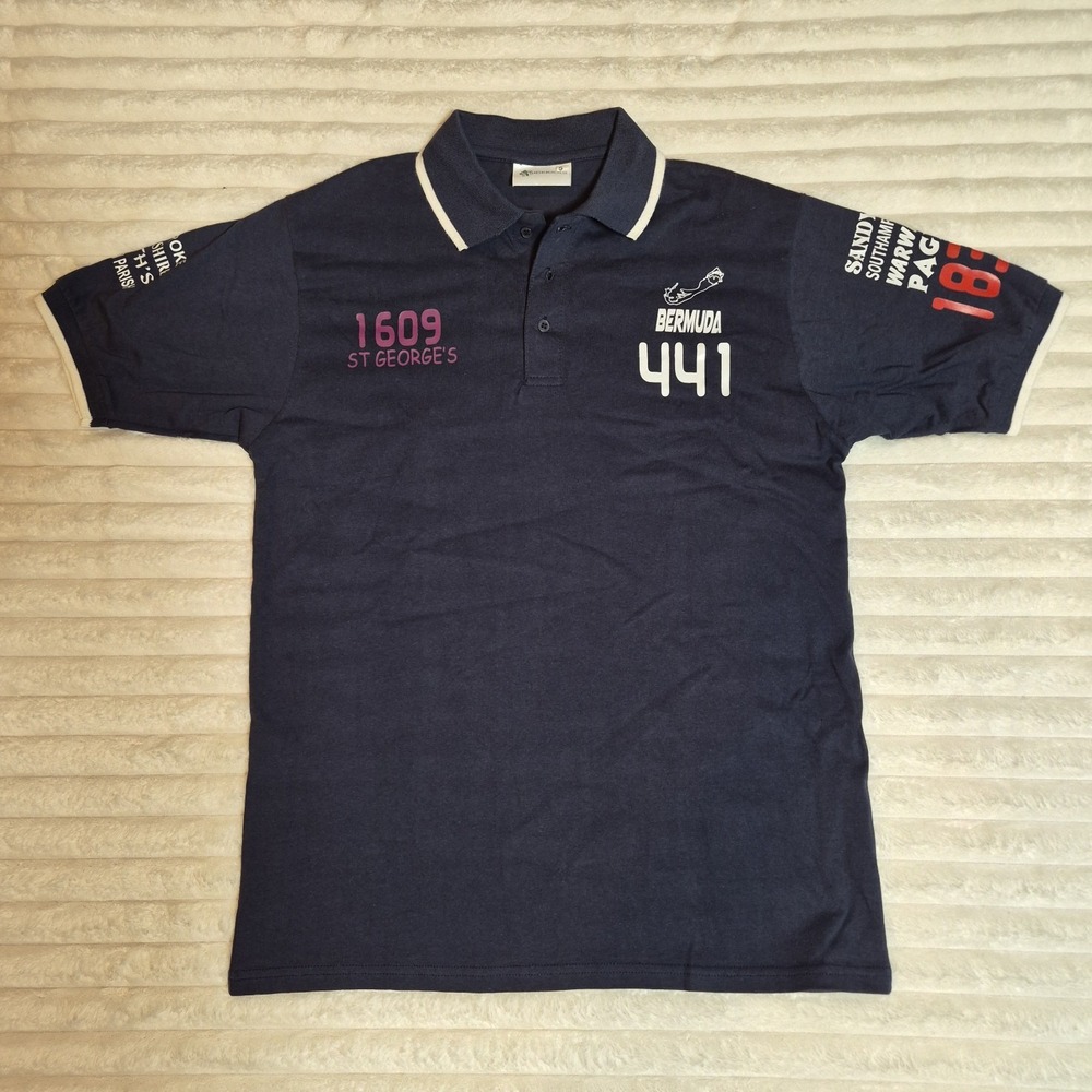 Sidekicks Mens Bermuda 441 Souvenir Polo Shirt Navy Blue Graphic Parishes Small